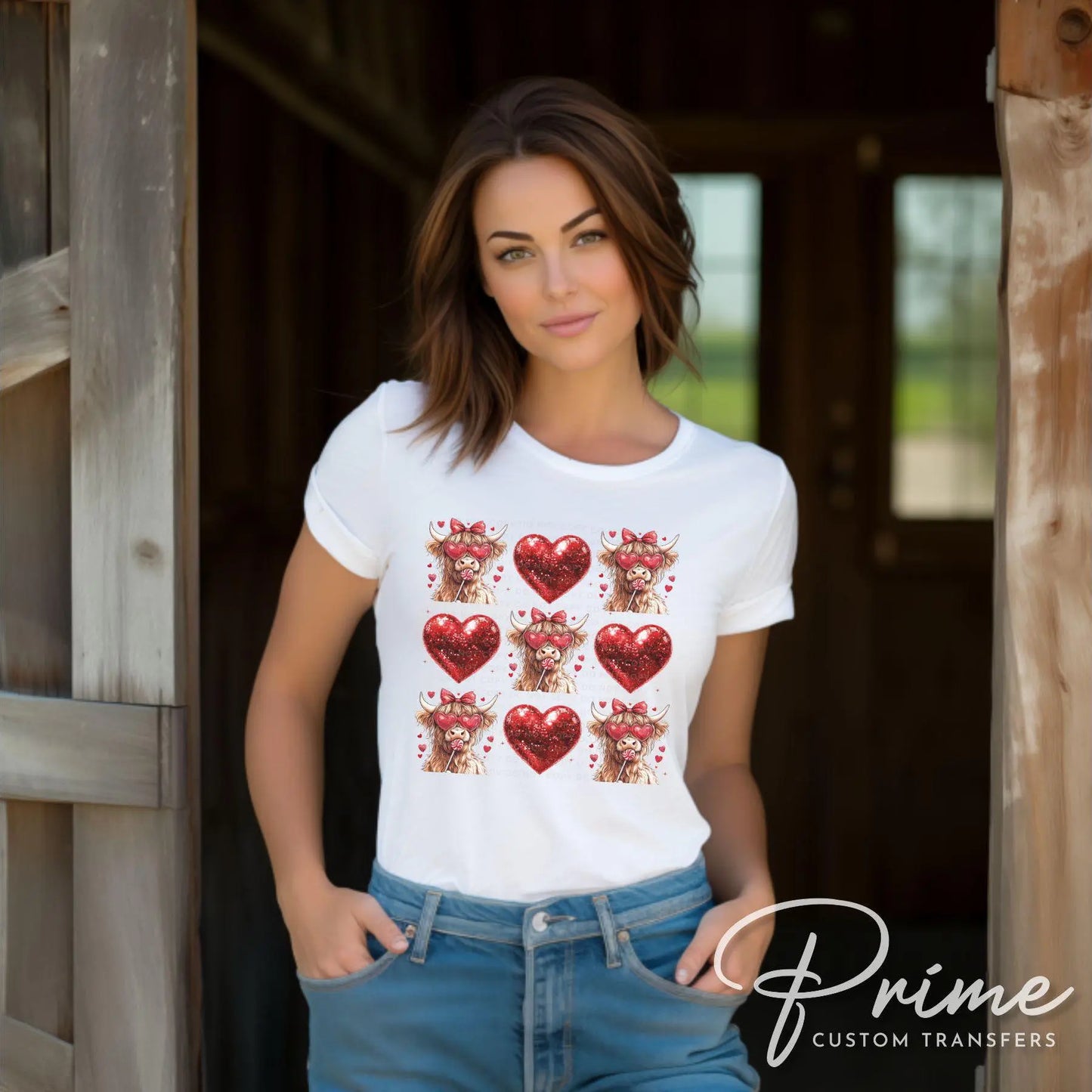 Valentine DTF Transfers, Ready to Press, T-shirt Transfers, Heat Transfer, Direct to Film, Love, Red Disco Hearts, Coquette Highland Cow