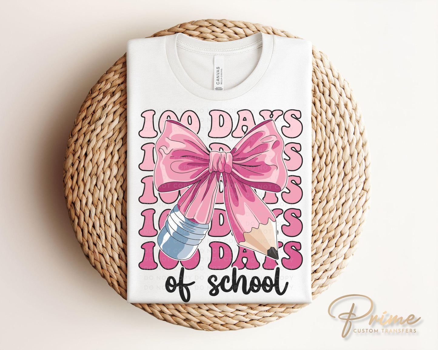 School DTF, Ready to Press, DIY T-shirt, Heat Transfer, Direct to Film, Preschool, Pink, Pencil, Teacher, Coquette Bow, 100 Days of School