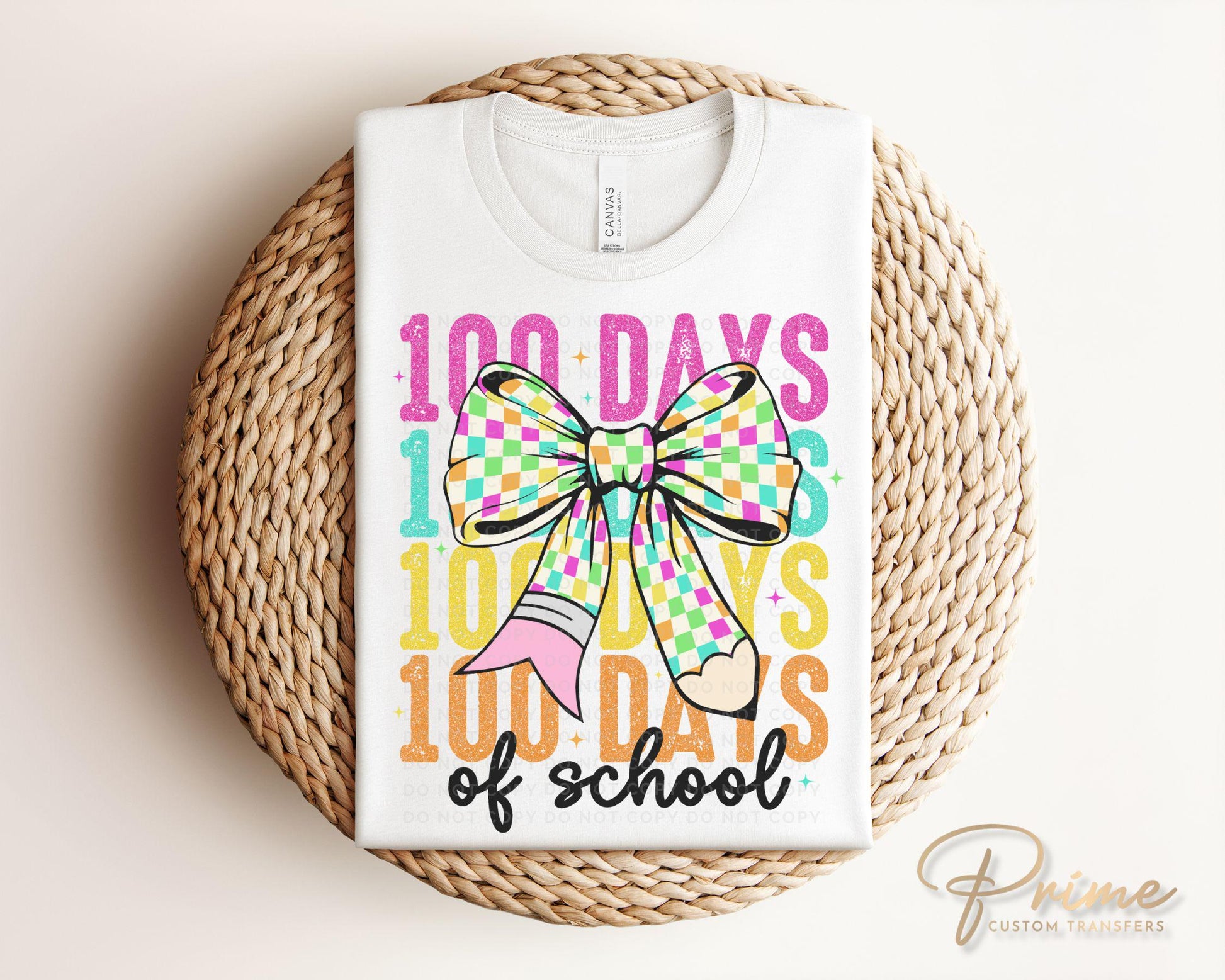 School DTF, Ready to Press, DIY T-shirt, Heat Transfer, Direct to Film, Preschool, Teacher, Colorful Checkered Coquette, 100 Days of School