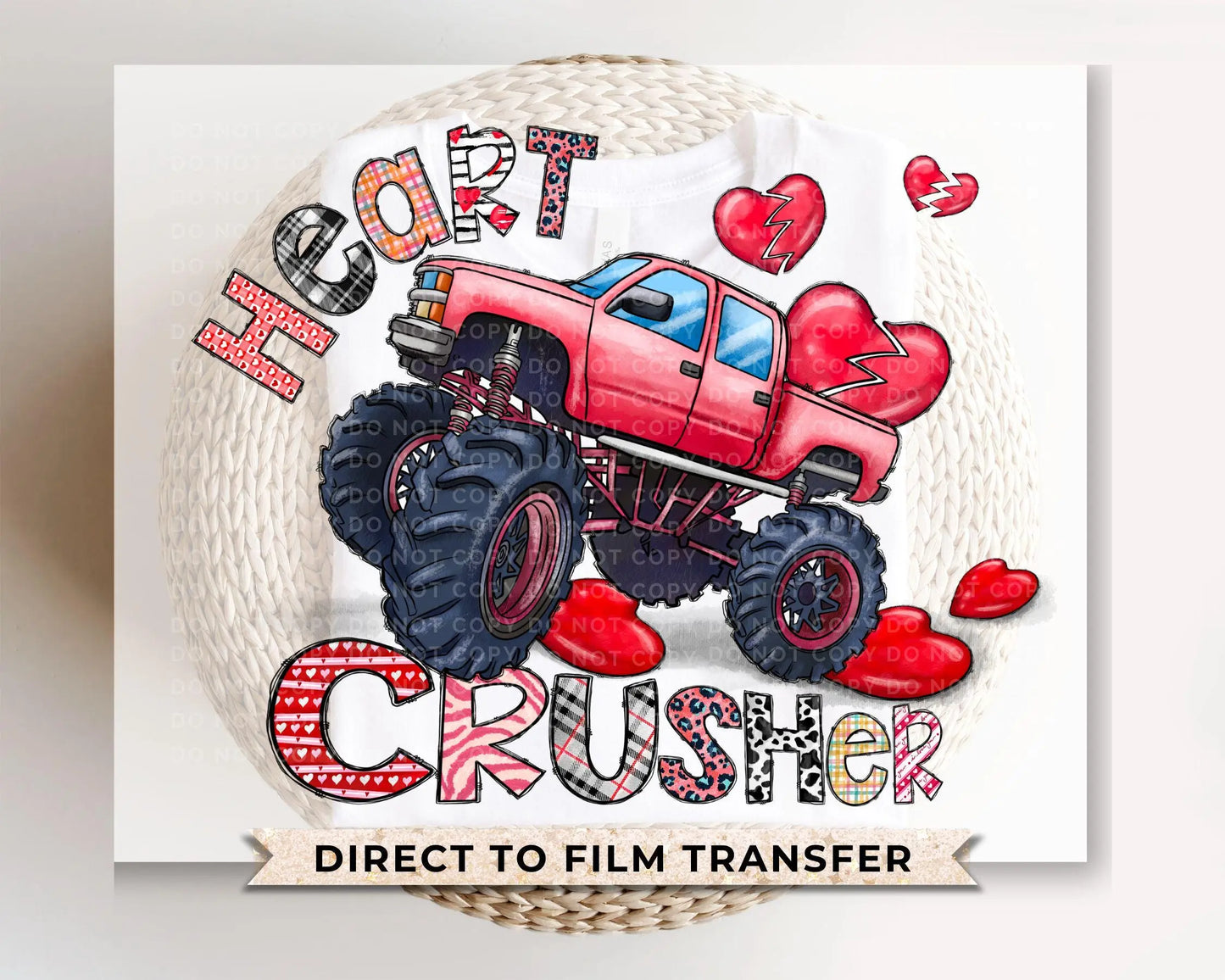 Valentine's Day DTF Transfer, Ready to Press, T-shirt Transfer, Heat Transfer, Direct to Film, Hearts, Boy, Monster Truck, Heart Crusher
