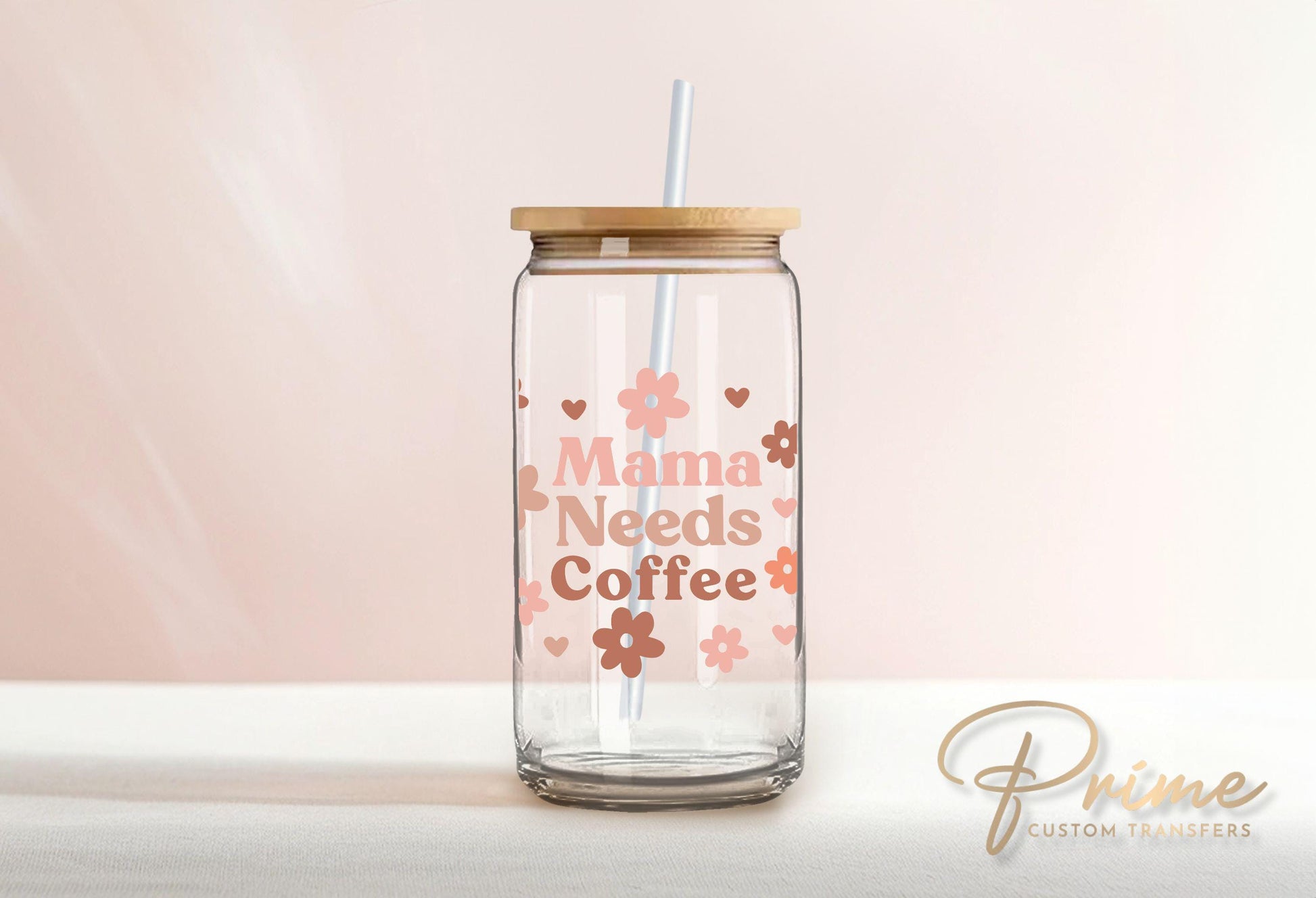 Mama Needs Coffee UV DTF Libbey 16oz Cup Wrap Sticker, Ready to Apply, No Heat, Permanent Adhesive, Waterproof, Glass Can, Hearts, Mom Life