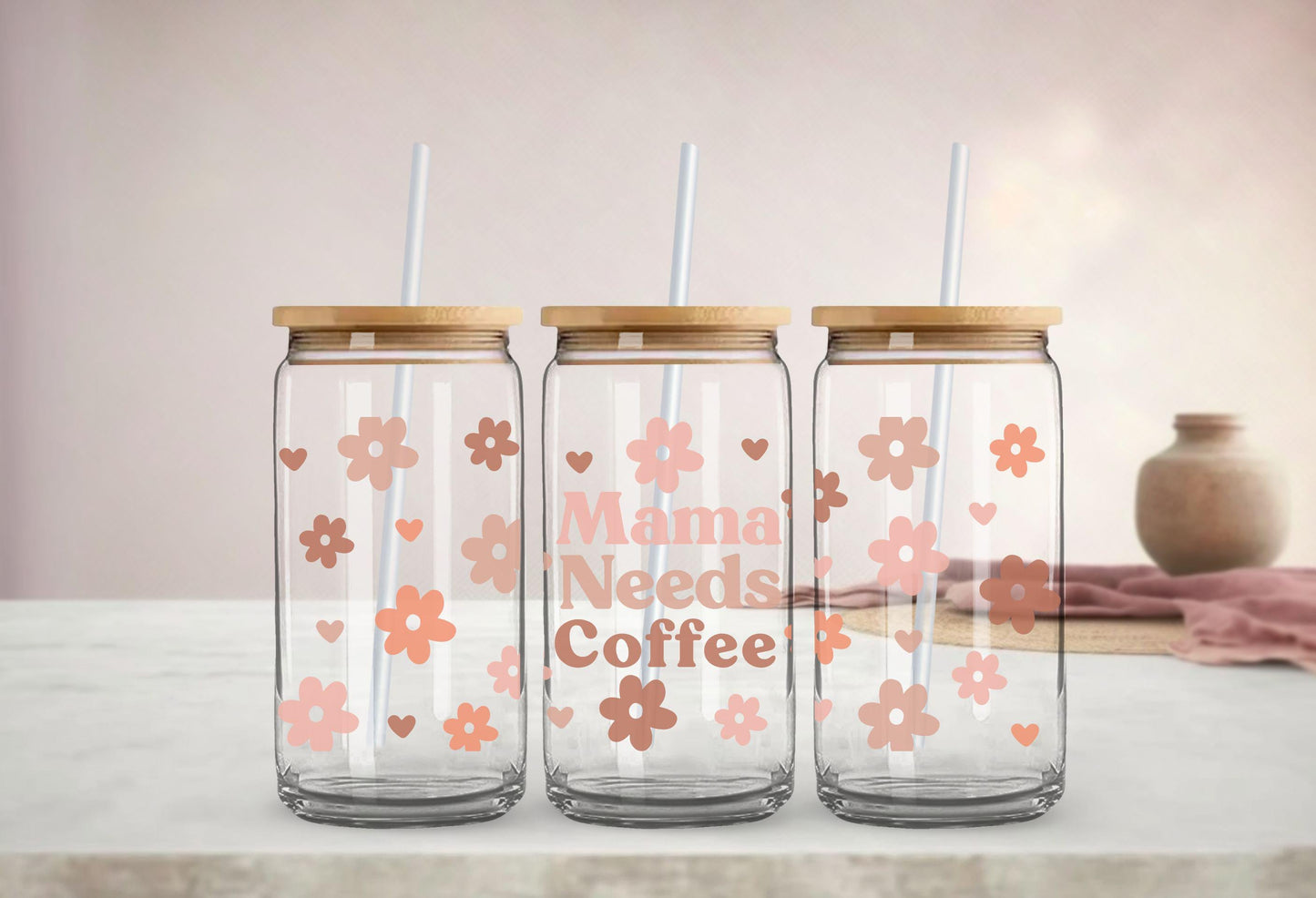 Mama Needs Coffee UV DTF Libbey 16oz Cup Wrap Sticker, Ready to Apply, No Heat, Permanent Adhesive, Waterproof, Glass Can, Hearts, Mom Life