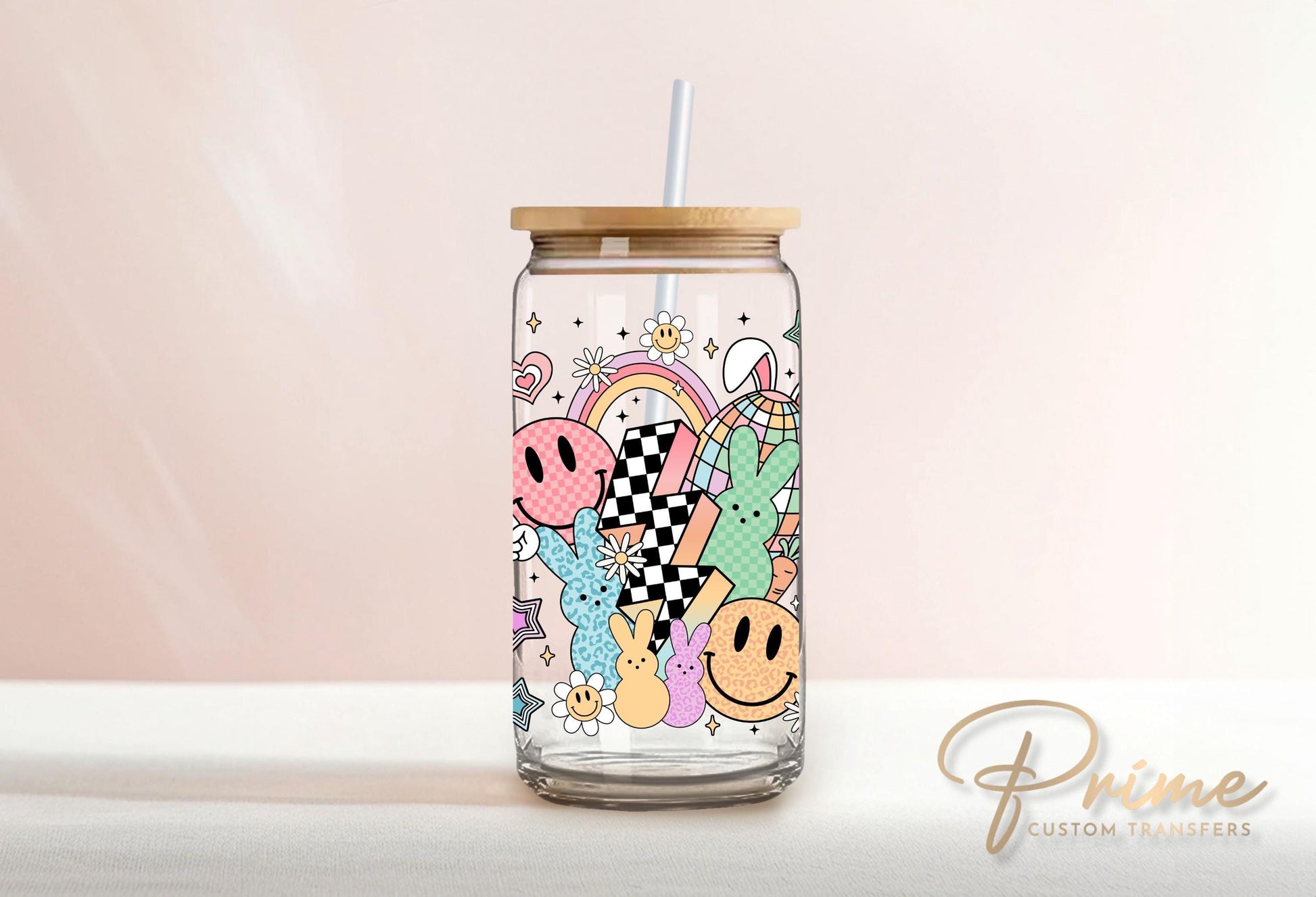 Easter UV DTF Libbey 16oz Cup Wrap Sticker, Ready to Apply, No Heat, Permanent Adhesive, Waterproof, Glass Can Tumbler, Groovy Easter Bunny