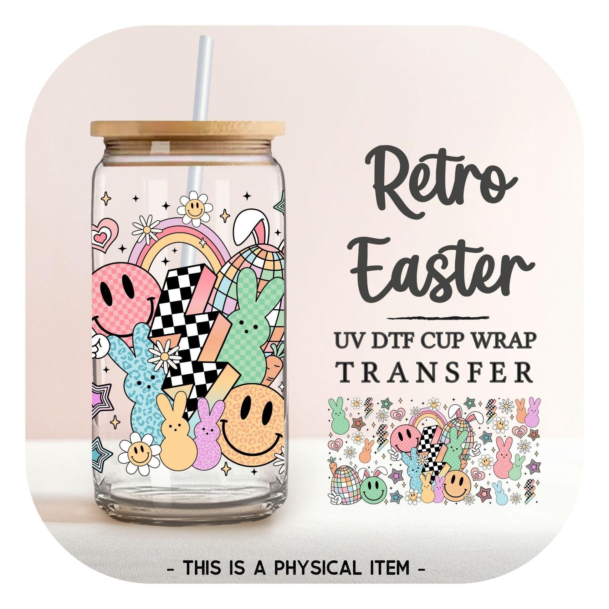 Easter UV DTF Libbey 16oz Cup Wrap Sticker, Ready to Apply, No Heat, Permanent Adhesive, Waterproof, Glass Can Tumbler, Groovy Easter Bunny