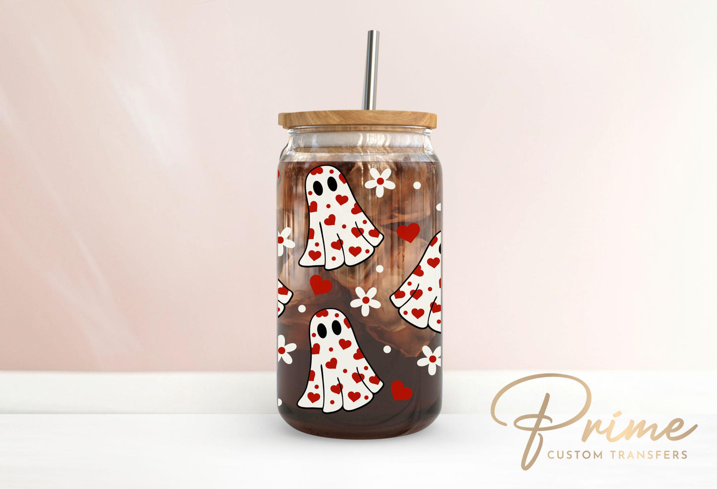 Valentine's Day UV DTF Libbey 16oz Cup Wrap Sticker, Ready to Apply, No Heat, Permanent Adhesive, Waterproof, Glass Can, Heart Ghosties