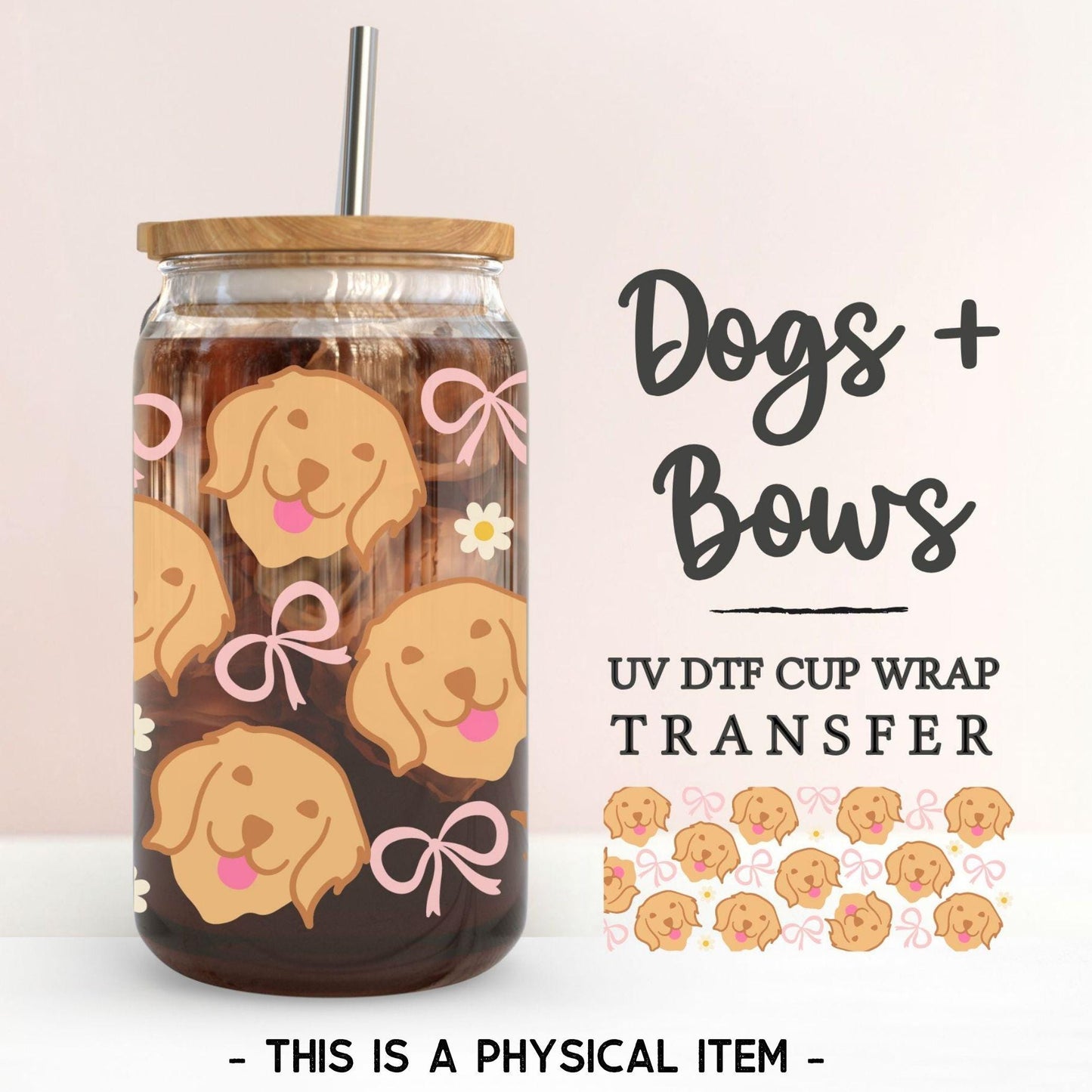 Golden Retriever UV DTF Libbey 16oz Cup Wrap Sticker, Ready to Apply, No Heat, Permanent Adhesive, Waterproof, Glass Can, Dogs and Bows