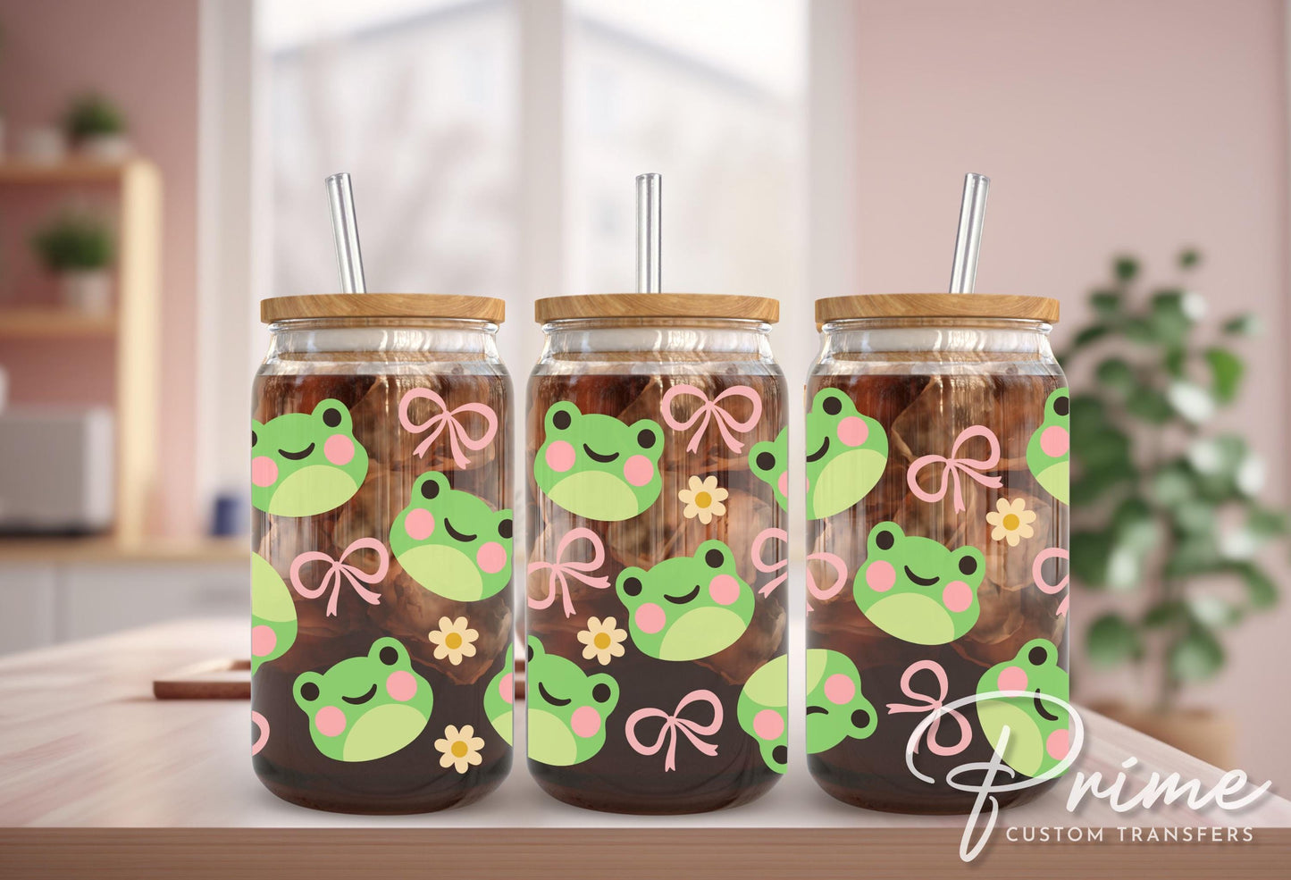 Kawaii Frog UV DTF Libbey 16oz Cup Wrap Sticker, Ready to Apply, No Heat, Permanent Adhesive, Waterproof, Glass Can, Coquette Frogs and Bows