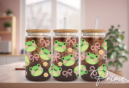 Kawaii Frog UV DTF Libbey 16oz Cup Wrap Sticker, Ready to Apply, No Heat, Permanent Adhesive, Waterproof, Glass Can, Coquette Frogs and Bows
