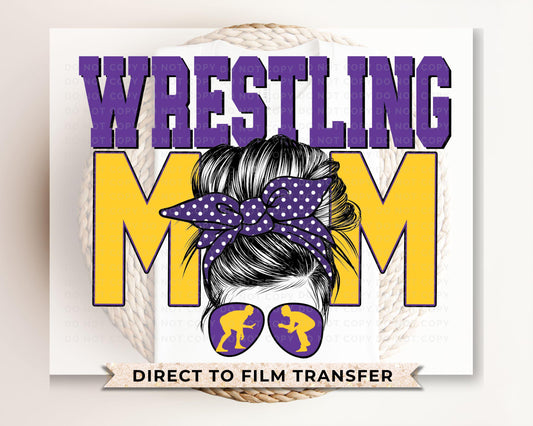 Wrestling Mom DTF Transfer, Ready to Press, T-shirt Transfer, Heat Transfer, Direct to Film, Wrestle, Mat, Pin, Sport, Bun, Purple, Yellow