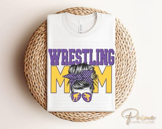 Wrestling Mom DTF Transfer, Ready to Press, T-shirt Transfer, Heat Transfer, Direct to Film, Wrestle, Mat, Pin, Sport, Bun, Purple, Yellow