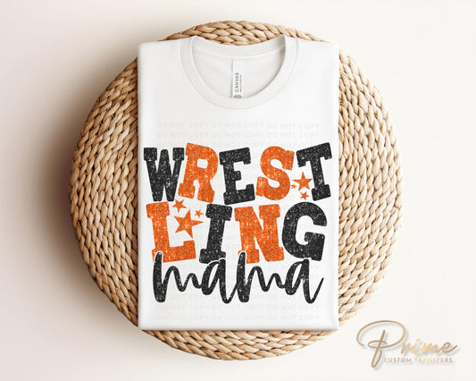 Wrestling Mom DTF Transfer, Ready to Press, T-shirt Transfer, Heat Transfer, Direct to Film, Wrestle, Sport, FAUX Glitter, Orange and Black