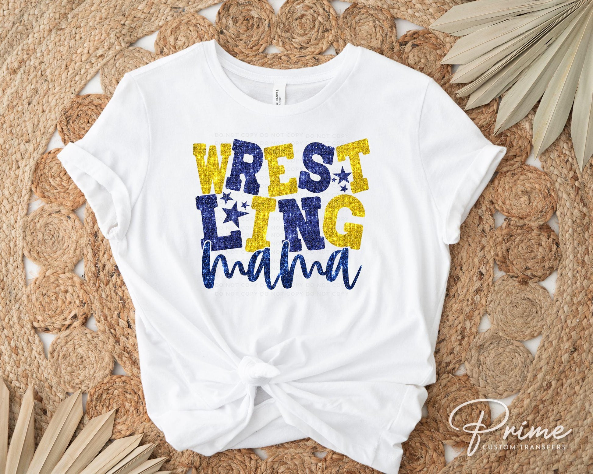 Wrestling Mom DTF Transfer, Ready to Press, T-shirt Transfer, Heat Transfer, Direct to Film, Wrestle, Sport, FAUX Glitter, Yellow and Blue