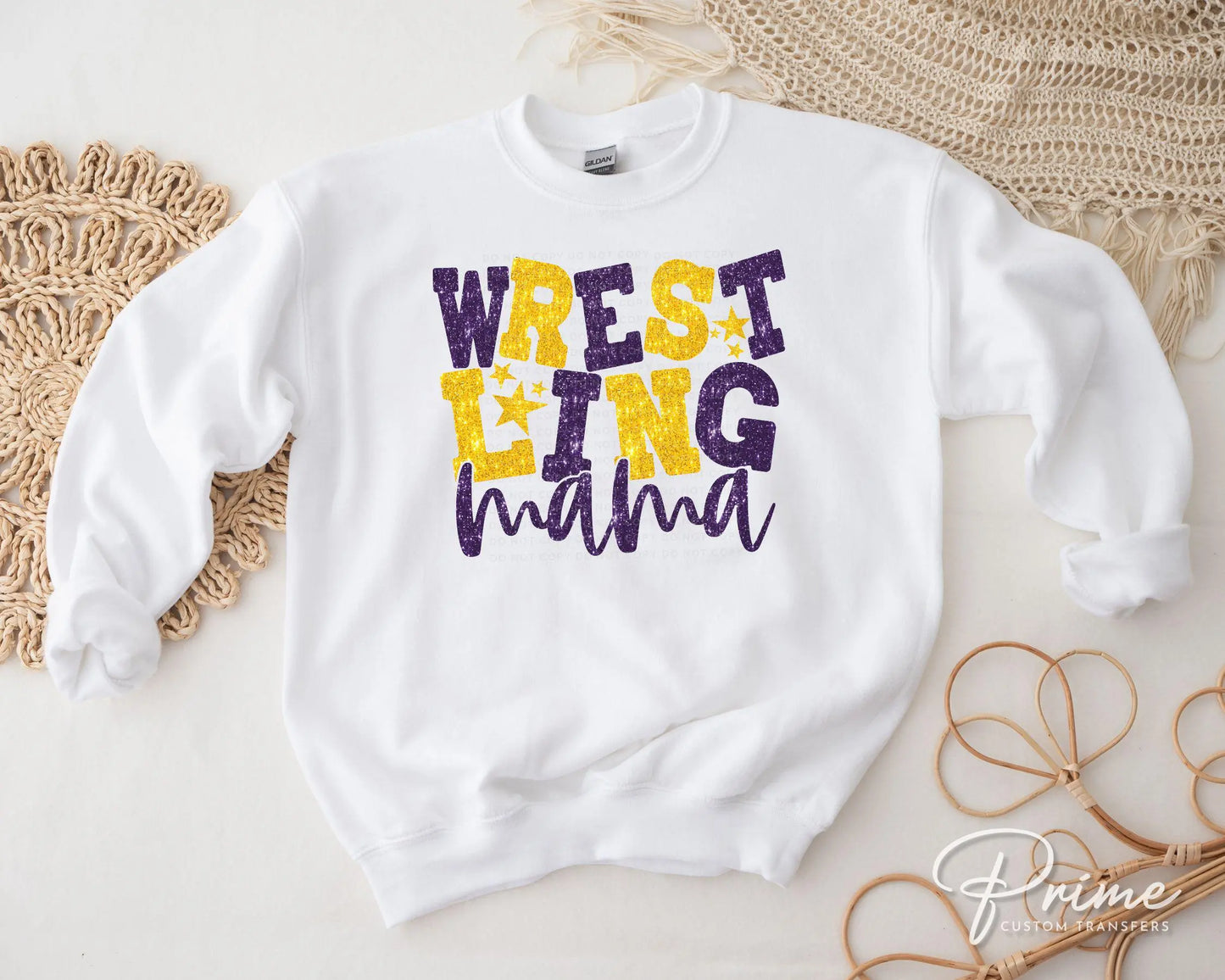 Wrestling Mom DTF Transfer, Ready to Press, T-shirt Transfer, Heat Transfer, Direct to Film, Wrestle, Sport, FAUX Glitter, Yellow and Purple
