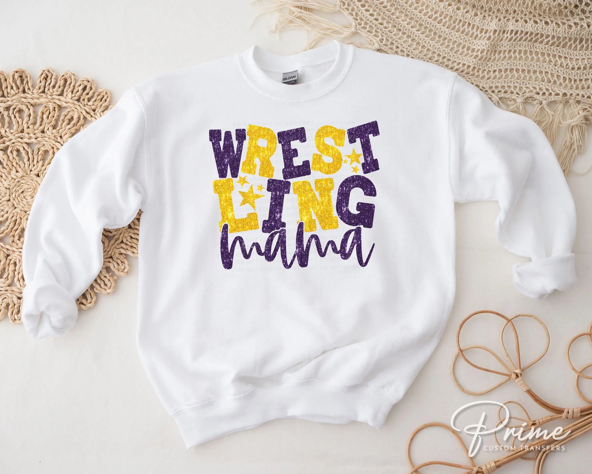 Wrestling Mom DTF Transfer, Ready to Press, T-shirt Transfer, Heat Transfer, Direct to Film, Wrestle, Sport, FAUX Glitter, Yellow and Purple