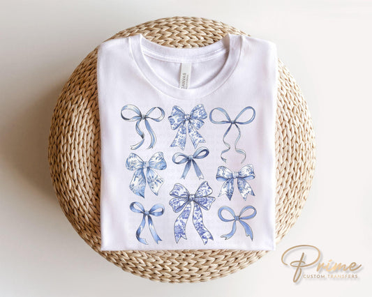 Coquette Blue And White Bows DTF Transfer, Ready to Press, T-shirt Transfer, Heat Transfer, Direct to Film, Cold Peel, Girly, Trendy, Floral
