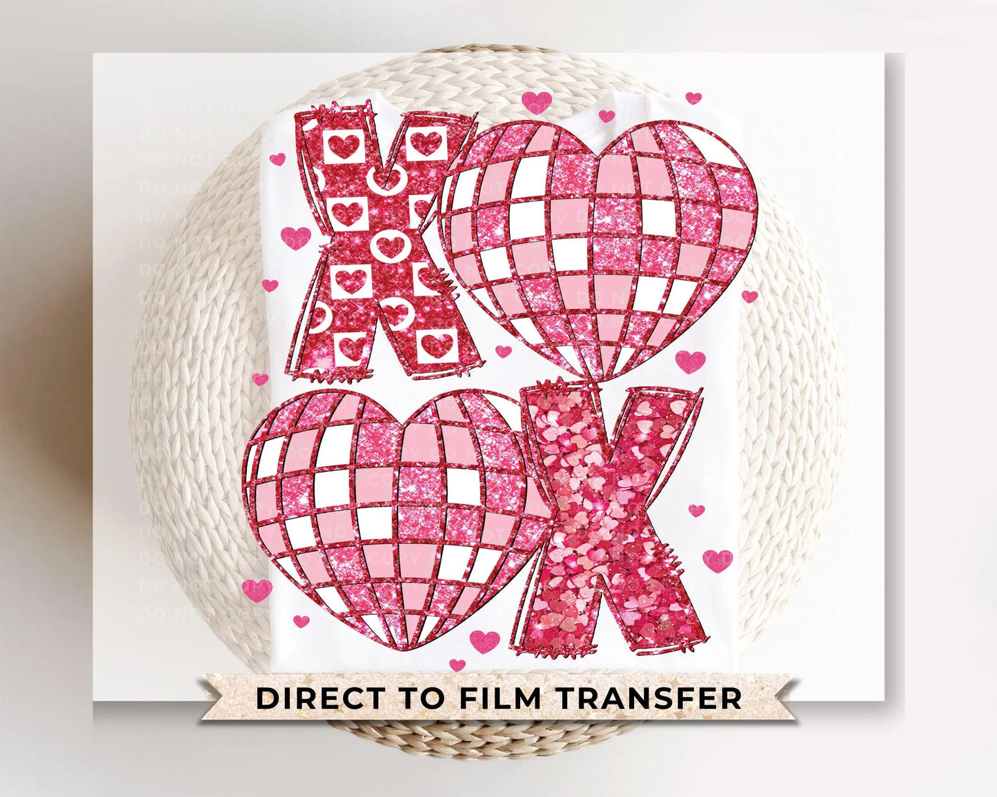 Valentine's Day DTF Transfer, Ready to Press, T-shirt Transfer, Heat Transfer, Direct to Film, Holiday, FAUX Glitter, Disco Ball Hearts XOXO