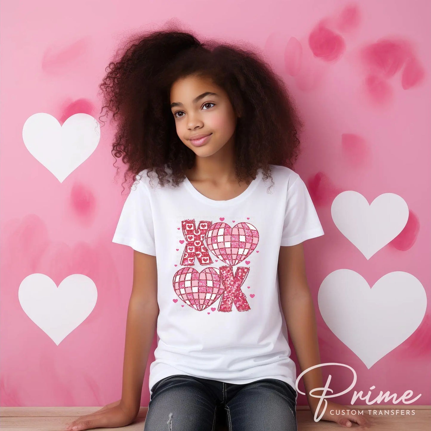 Valentine's Day DTF Transfer, Ready to Press, T-shirt Transfer, Heat Transfer, Direct to Film, Holiday, FAUX Glitter, Disco Ball Hearts XOXO