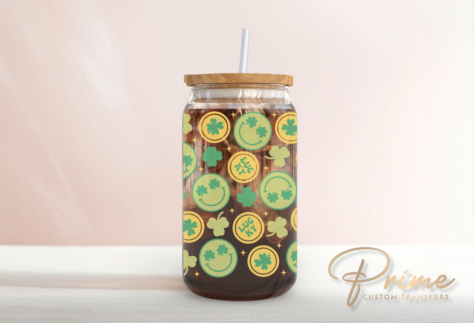 Saint Patrick's Day UV DTF Libbey 16oz Cup Wrap Sticker, Ready to Apply, No Heat, Permanent Adhesive, Waterproof, Glass Can, Clover and Gold