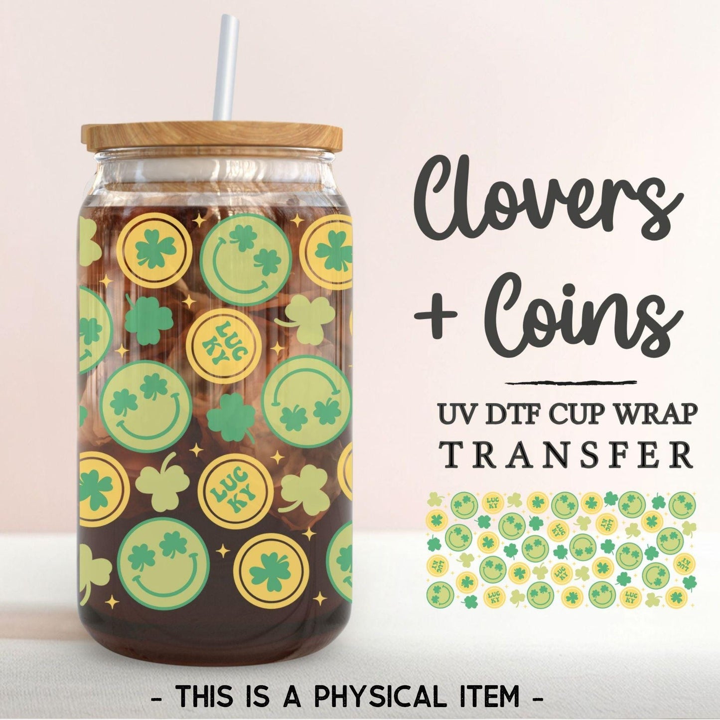 Saint Patrick's Day UV DTF Libbey 16oz Cup Wrap Sticker, Ready to Apply, No Heat, Permanent Adhesive, Waterproof, Glass Can, Clover and Gold