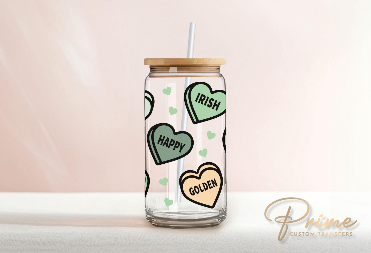 Saint Patrick's Day UV DTF Libbey 16oz Cup Wrap Sticker, Ready to Apply, No Heat, Permanent Adhesive, Waterproof, Glass Can, Cute Hearts