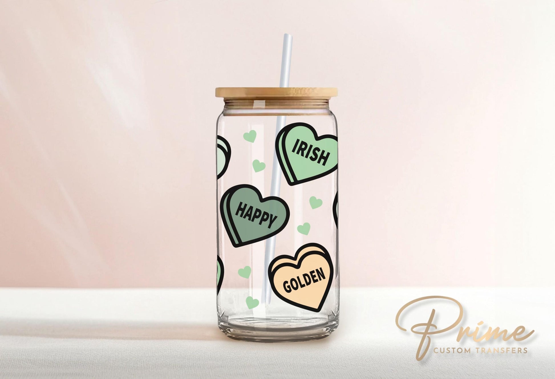 Saint Patrick's Day UV DTF Libbey 16oz Cup Wrap Sticker, Ready to Apply, No Heat, Permanent Adhesive, Waterproof, Glass Can, Cute Hearts