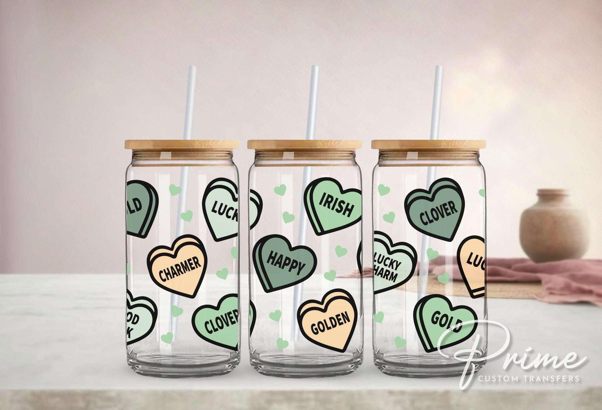 Saint Patrick's Day UV DTF Libbey 16oz Cup Wrap Sticker, Ready to Apply, No Heat, Permanent Adhesive, Waterproof, Glass Can, Cute Hearts