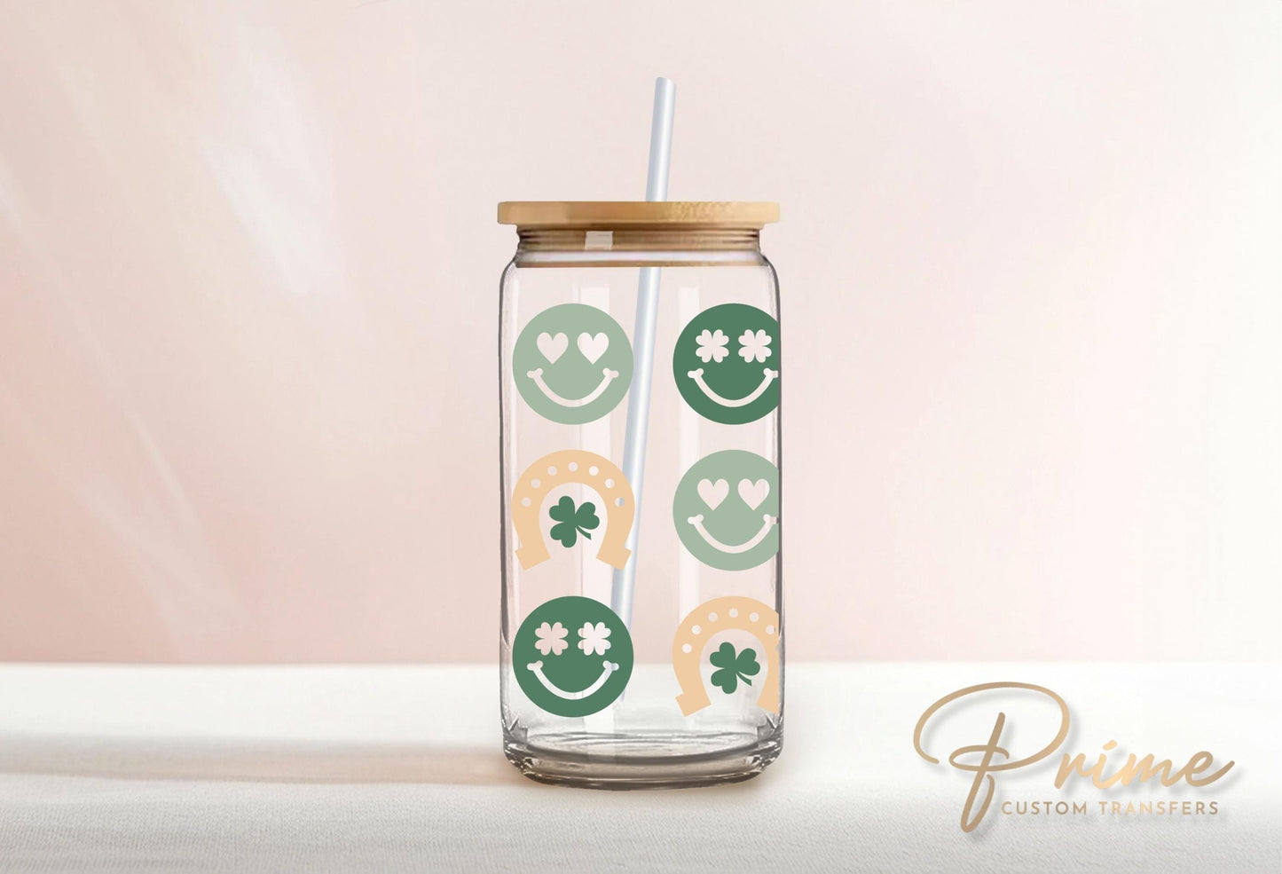 Saint Patrick's Day UV DTF Libbey 16oz Cup Wrap Sticker, Ready to Apply, No Heat, Permanent Adhesive, Waterproof, Glass Can, Irish Smileys