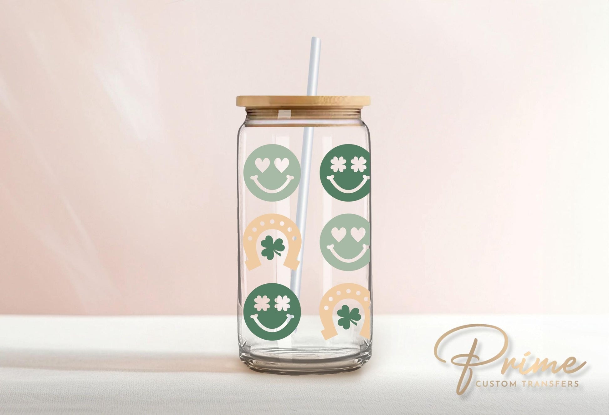 Saint Patrick's Day UV DTF Libbey 16oz Cup Wrap Sticker, Ready to Apply, No Heat, Permanent Adhesive, Waterproof, Glass Can, Irish Smileys