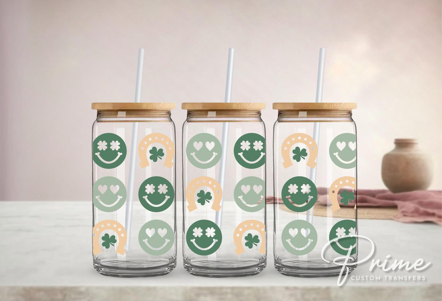 Saint Patrick's Day UV DTF Libbey 16oz Cup Wrap Sticker, Ready to Apply, No Heat, Permanent Adhesive, Waterproof, Glass Can, Irish Smileys