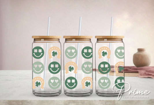 Saint Patrick's Day UV DTF Libbey 16oz Cup Wrap Sticker, Ready to Apply, No Heat, Permanent Adhesive, Waterproof, Glass Can, Irish Smileys