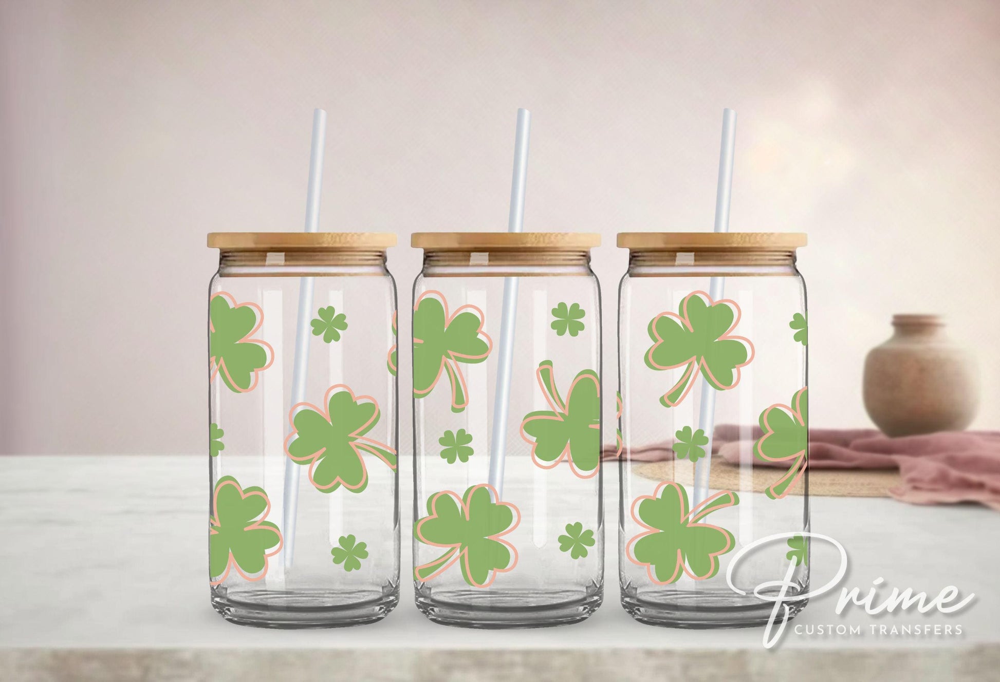 Saint Patrick's Day UV DTF Libbey 16oz Cup Wrap Sticker, Ready to Apply, No Heat, Permanent Adhesive, Waterproof, Glass Can, Lucky Shamrocks