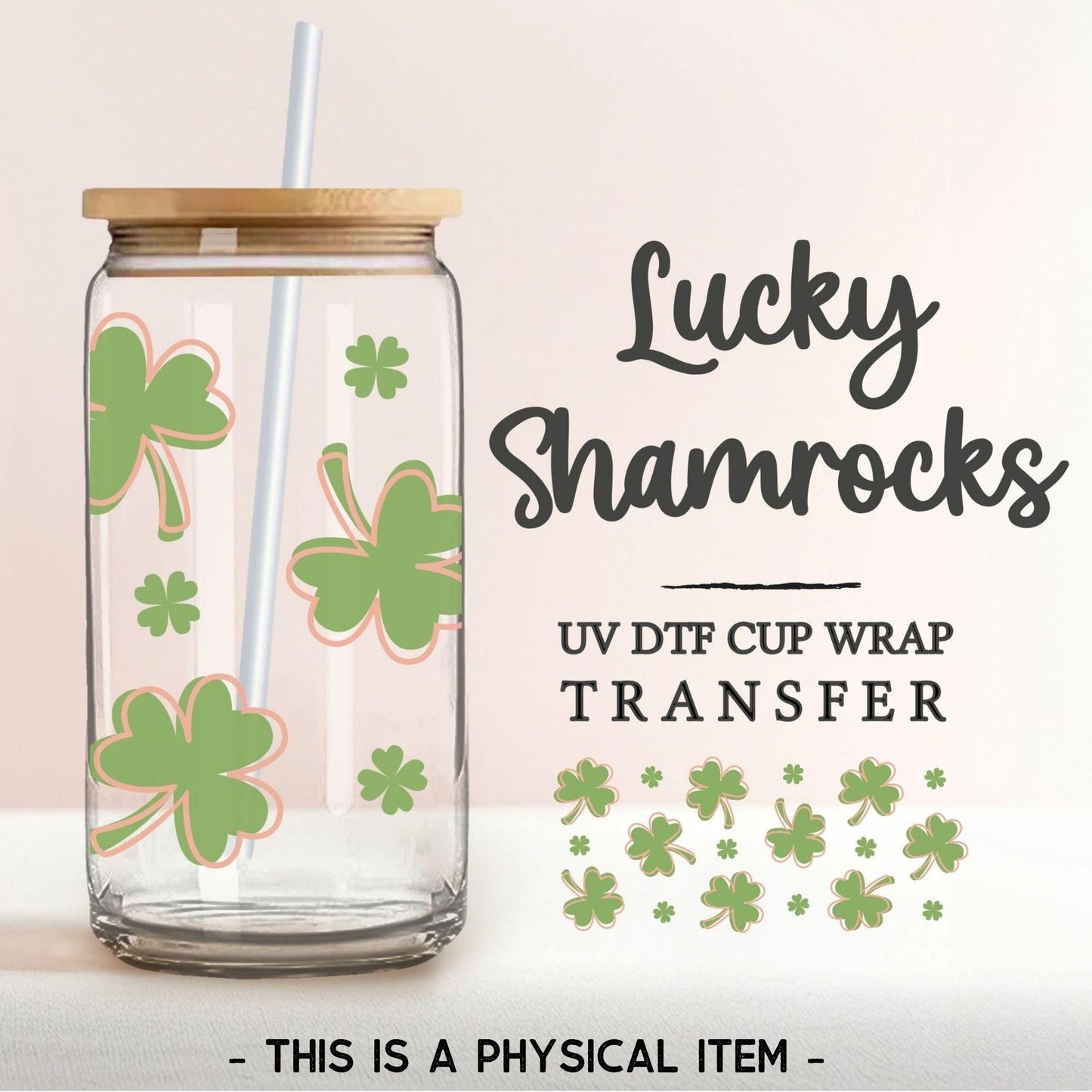 Saint Patrick's Day UV DTF Libbey 16oz Cup Wrap Sticker, Ready to Apply, No Heat, Permanent Adhesive, Waterproof, Glass Can, Lucky Shamrocks