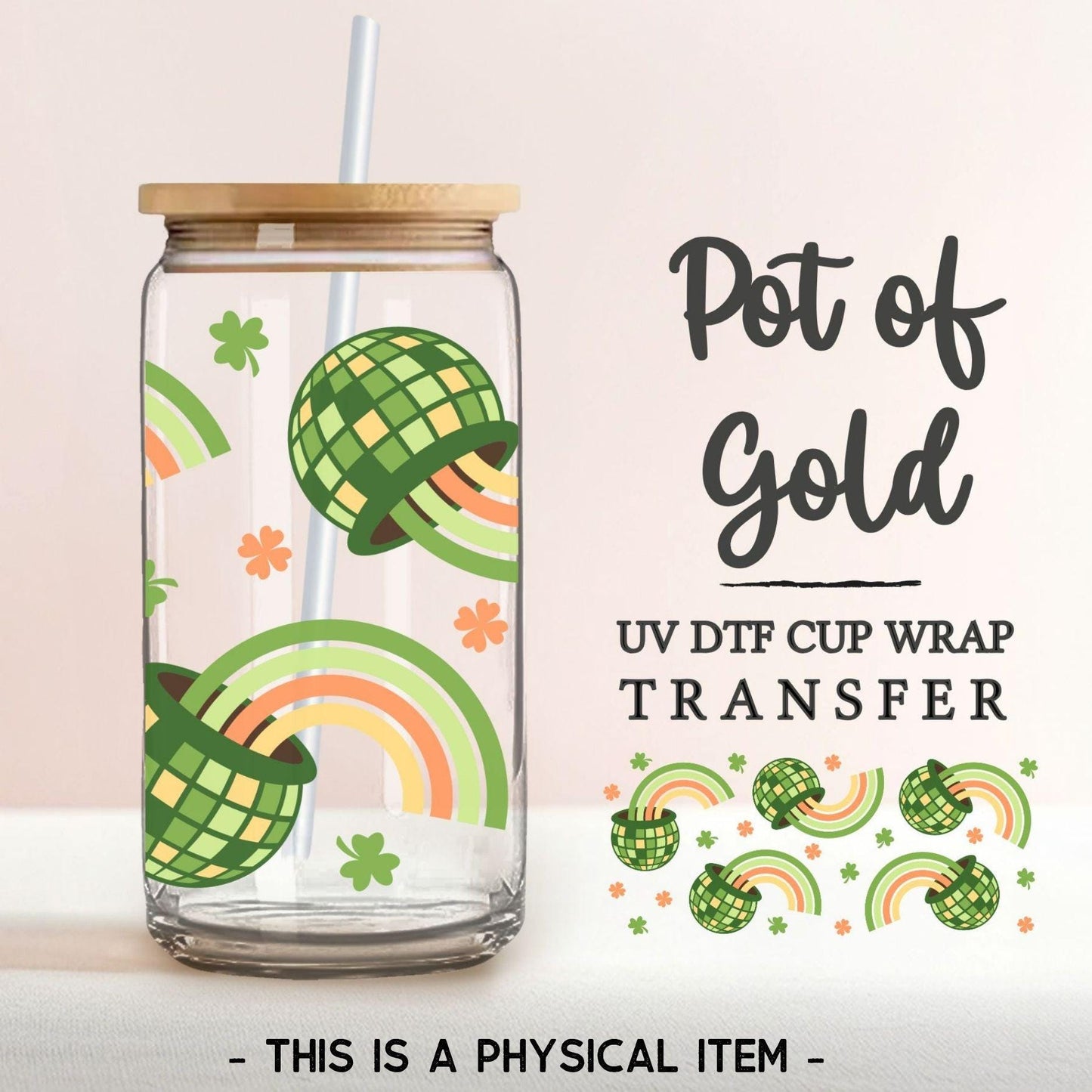 Saint Patrick's Day UV DTF Libbey 16oz Cup Wrap Sticker, Ready to Apply, No Heat, Permanent Adhesive, Waterproof, Glass Can, Pot of Gold