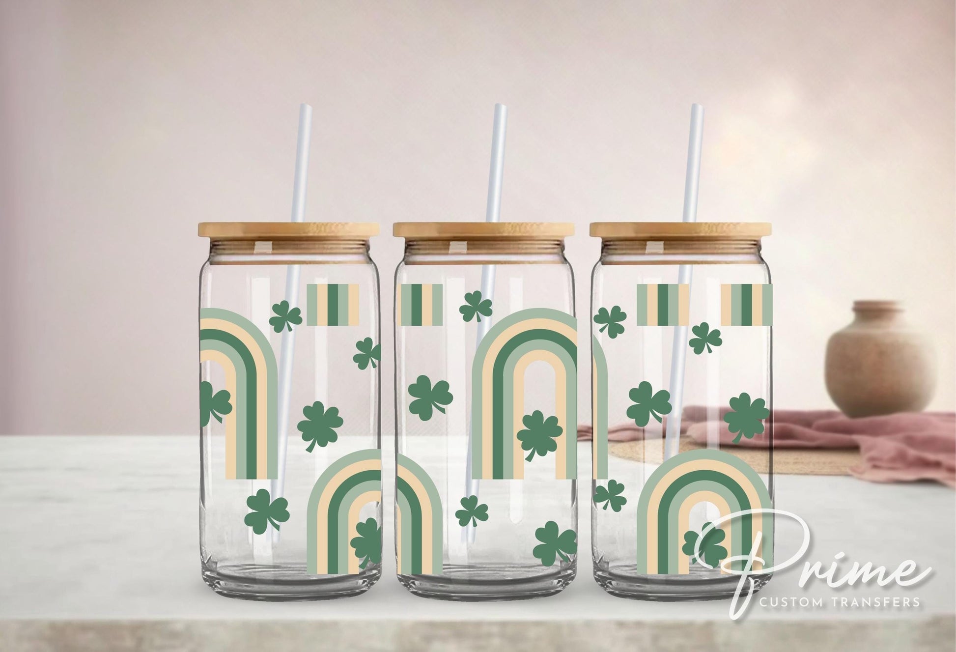 Saint Patrick's Day UV DTF Libbey 16oz Cup Wrap Sticker, Ready to Apply, No Heat, Permanent Adhesive, Waterproof, Glass Can, Lucky Shamrocks