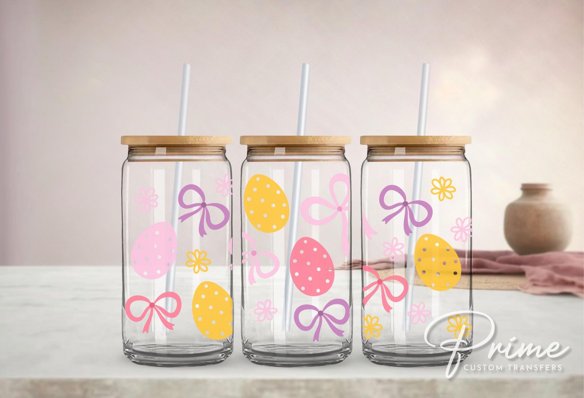 Easter UV DTF Libbey 16oz Cup Wrap Sticker, Ready to Apply, No Heat, Permanent Adhesive, Waterproof, Glass Can Tumbler, Coquette Easter Eggs