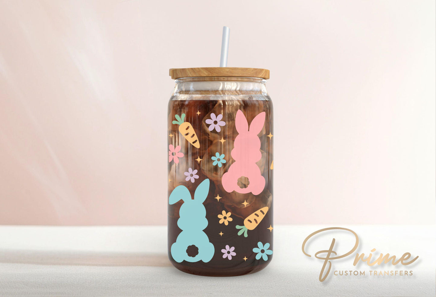 Easter UV DTF Libbey 16oz Cup Wrap Sticker, Ready to Apply, No Heat, Permanent Adhesive, Waterproof, Glass Can Tumbler, Pastel Easter Bunny