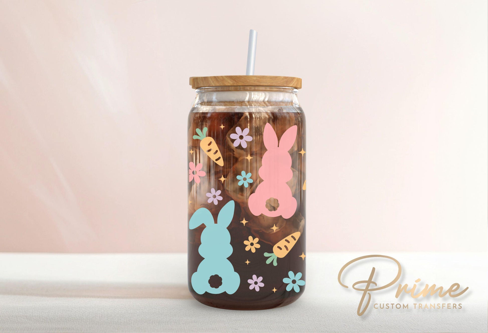 Easter UV DTF Libbey 16oz Cup Wrap Sticker, Ready to Apply, No Heat, Permanent Adhesive, Waterproof, Glass Can Tumbler, Pastel Easter Bunny