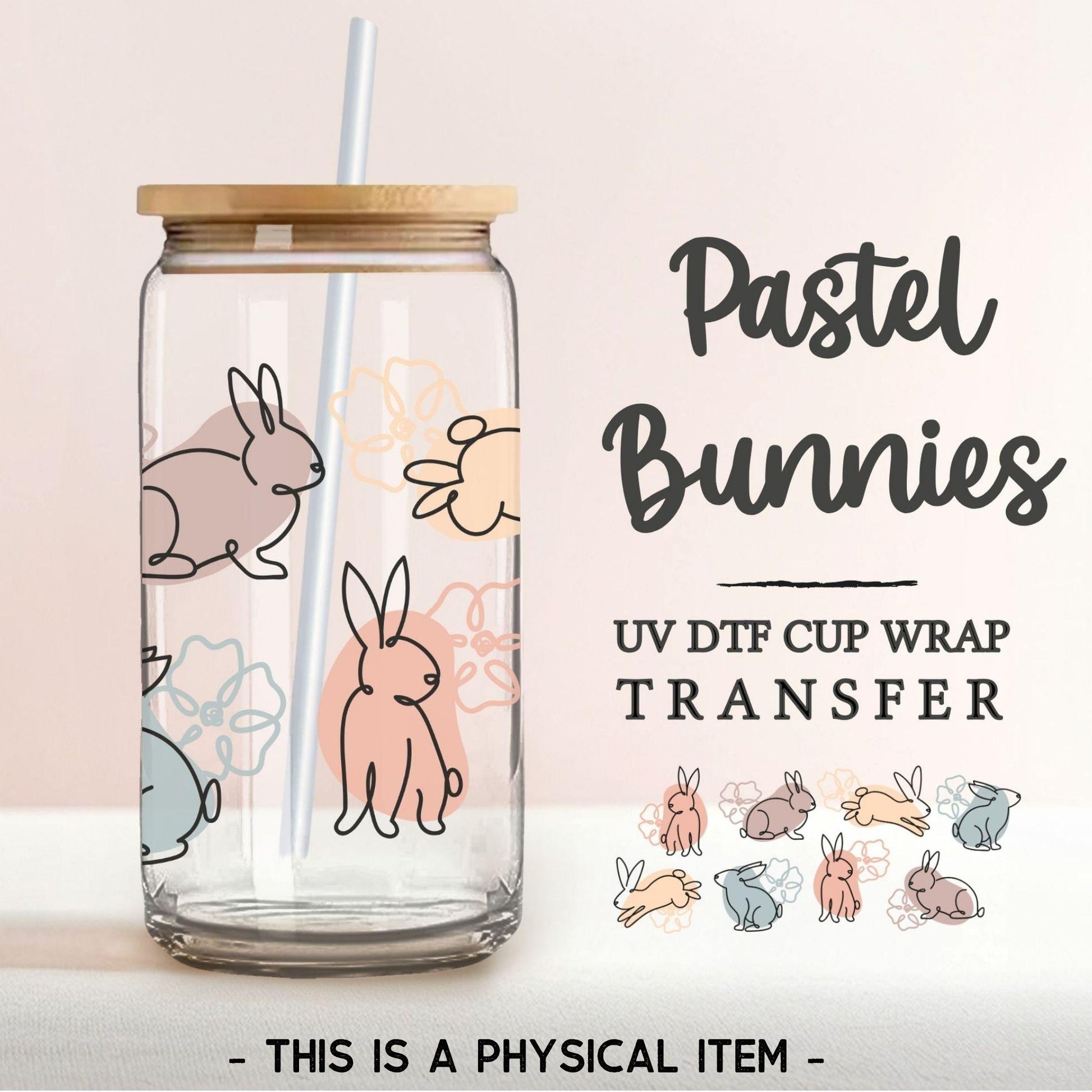 Easter UV DTF Libbey 16oz Cup Wrap Sticker, Ready to Apply, No Heat, Permanent Adhesive, Waterproof, Glass Can Tumbler, Pastel Easter Bunny