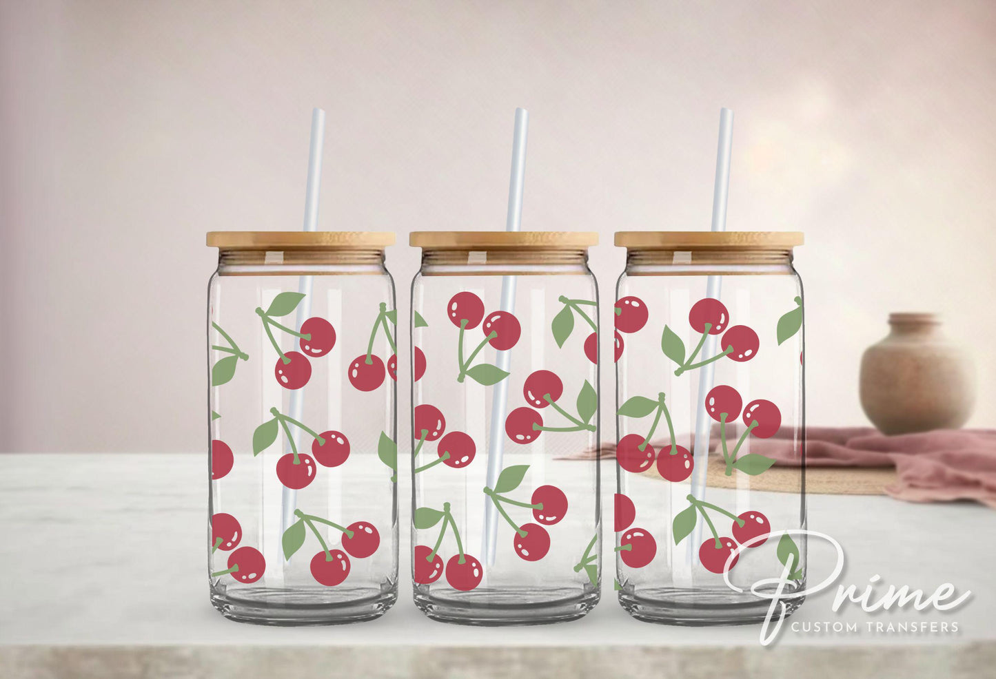 Cherry UV DTF 16oz Libbey Cup Wrap Sticker, Ready To Apply, Direct to Film, Glass Can, Permanent, Summer, Fruit, Trendy, Coquette Cherries