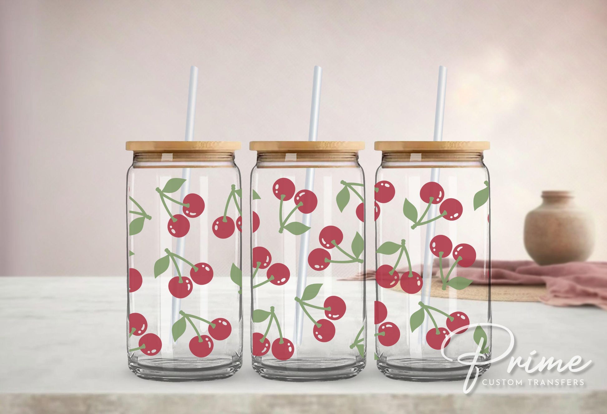 Cherry UV DTF 16oz Libbey Cup Wrap Sticker, Ready To Apply, Direct to Film, Glass Can, Permanent, Summer, Fruit, Trendy, Coquette Cherries