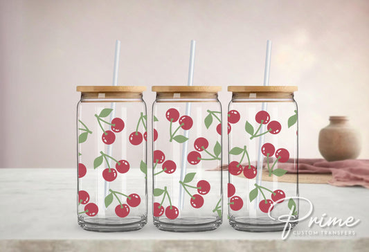 Cherry UV DTF 16oz Libbey Cup Wrap Sticker, Ready To Apply, Direct to Film, Glass Can, Permanent, Summer, Fruit, Trendy, Coquette Cherries