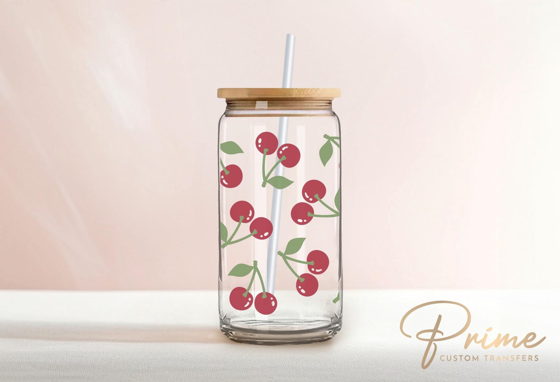 Cherry UV DTF 16oz Libbey Cup Wrap Sticker, Ready To Apply, Direct to Film, Glass Can, Permanent, Summer, Fruit, Trendy, Coquette Cherries