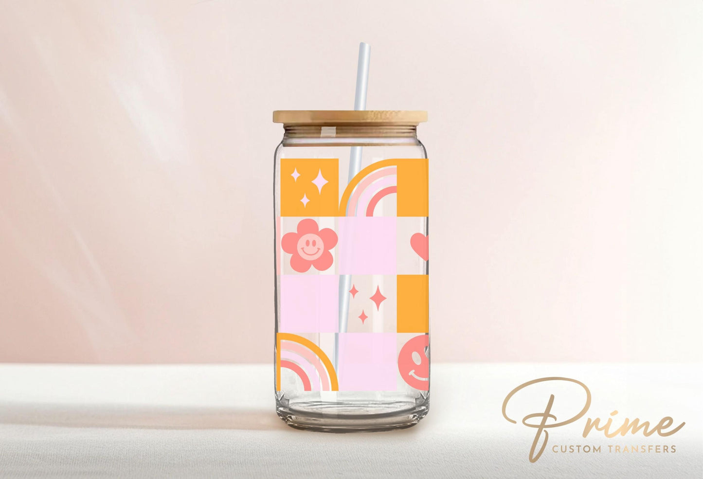 Retro UV DTF 16oz Libbey Cup Wrap Sticker, Ready To Apply, Direct to Film, Glass Can, Permanent, Rainbow, Flowers, Boho Checkered Hippie