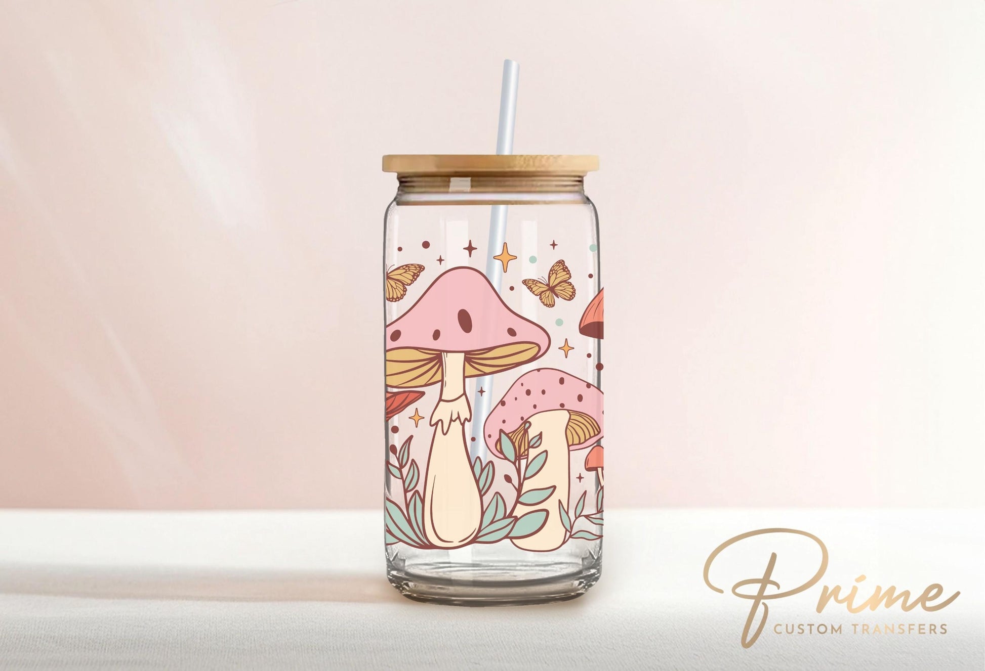 Retro UV DTF 16oz Libbey Cup Wrap Sticker, Ready To Apply, Direct to Film, Glass Can, Permanent, Butterflies, Flowers, Cute, Boho Mushrooms