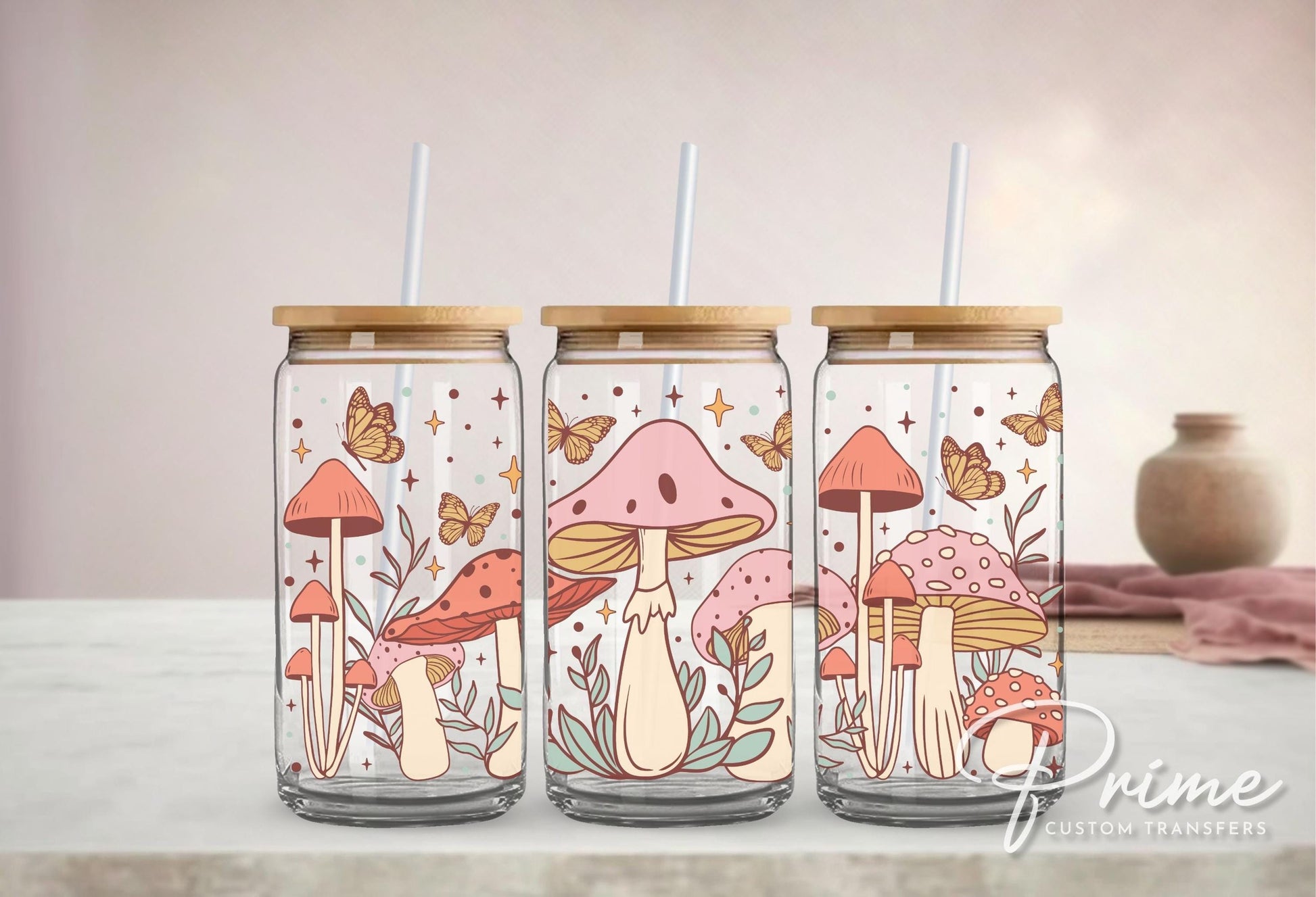 Retro UV DTF 16oz Libbey Cup Wrap Sticker, Ready To Apply, Direct to Film, Glass Can, Permanent, Butterflies, Flowers, Cute, Boho Mushrooms