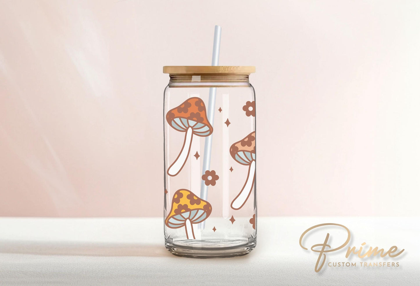 Libbey Cup UV DTF 16oz Libbey Cup Wrap Sticker, Ready To Apply, Direct to Film, Glass Can, Permanent, Trendy, Autumn, Mushrooms and Flowers