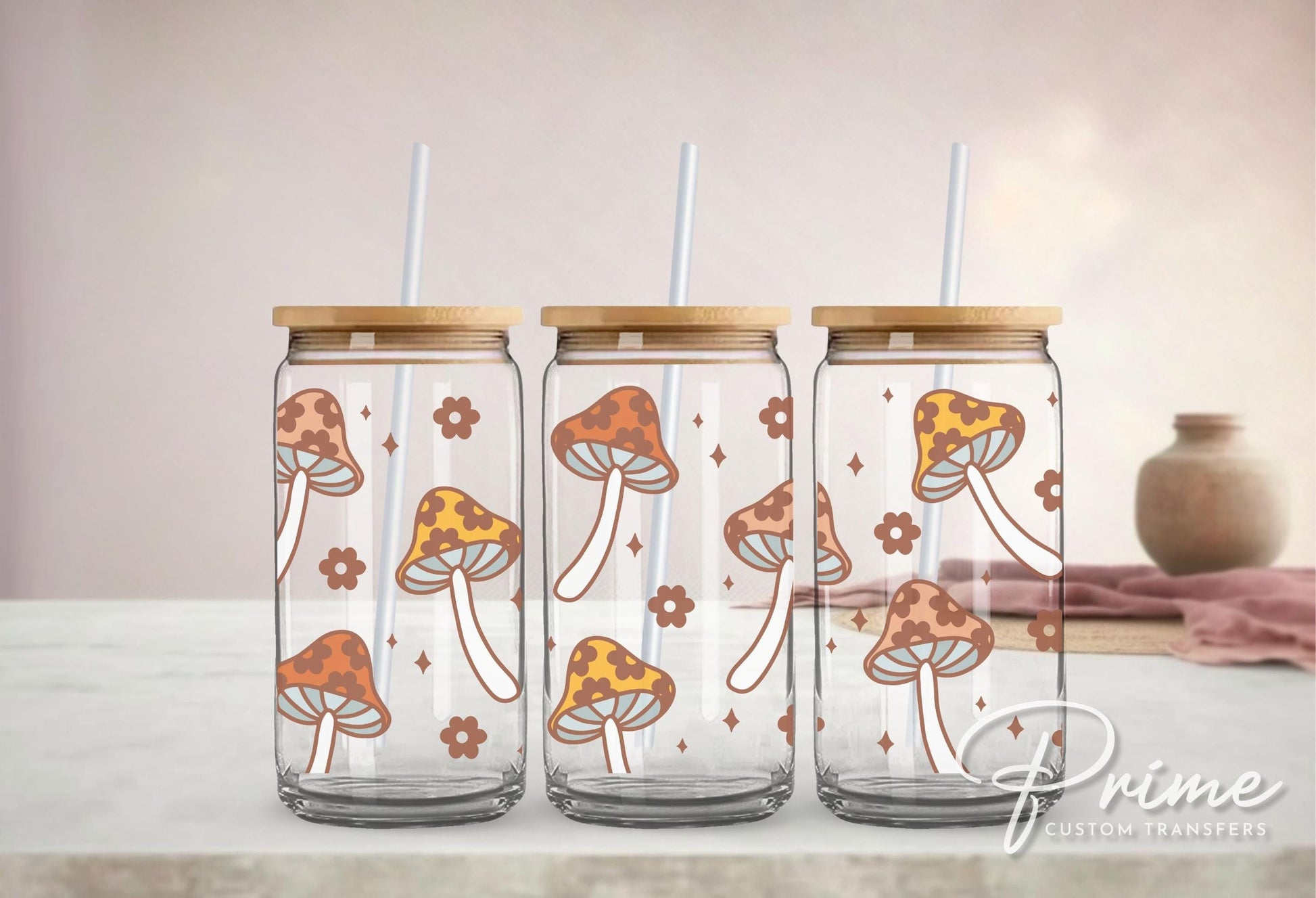 Libbey Cup UV DTF 16oz Libbey Cup Wrap Sticker, Ready To Apply, Direct to Film, Glass Can, Permanent, Trendy, Autumn, Mushrooms and Flowers