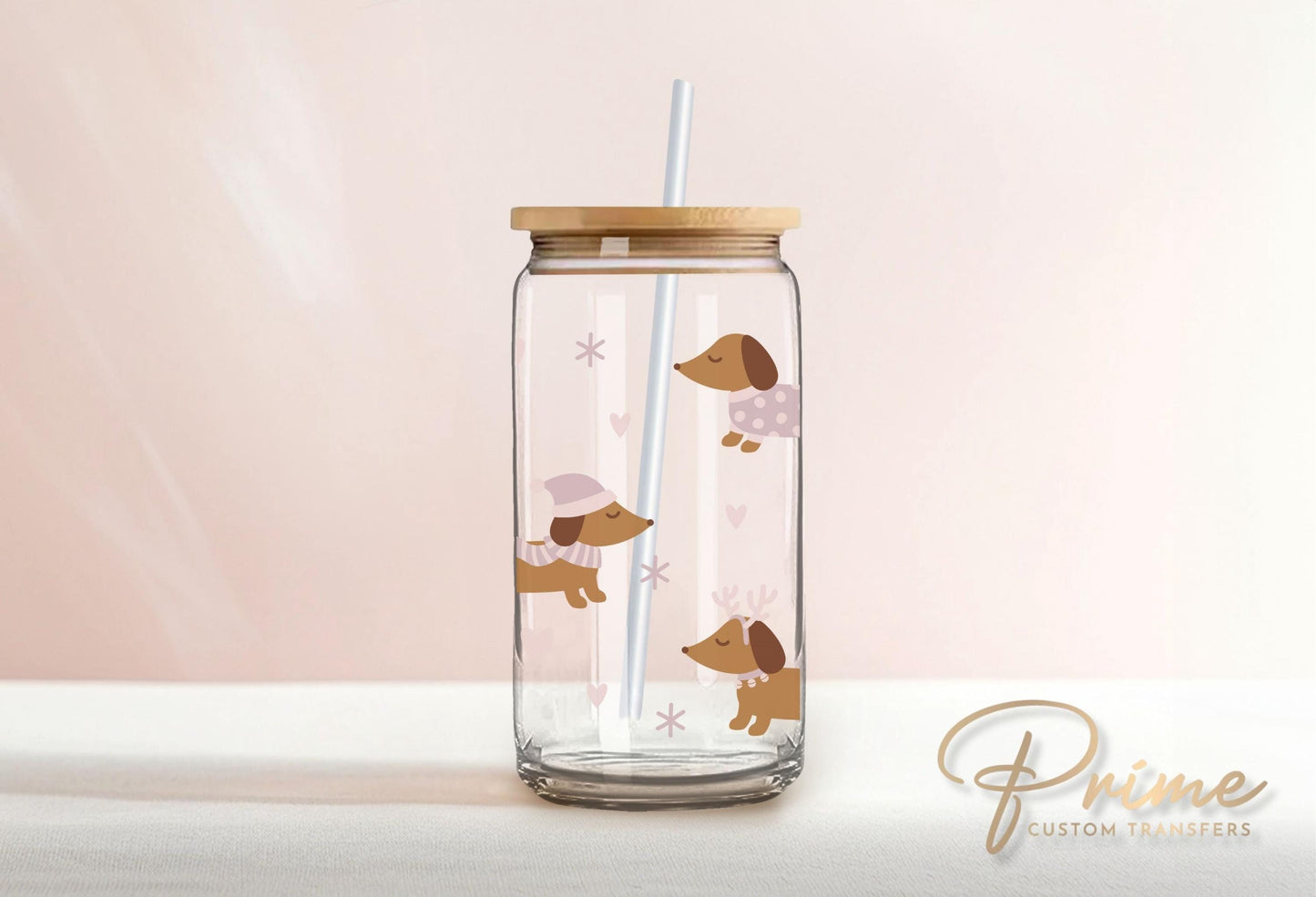 Libbey Cup UV DTF 16oz Libbey Cup Wrap Sticker, Ready To Apply, Direct to Film, Glass Can, Permanent, Winter, Snow, Cute Dogs, Dachshunds