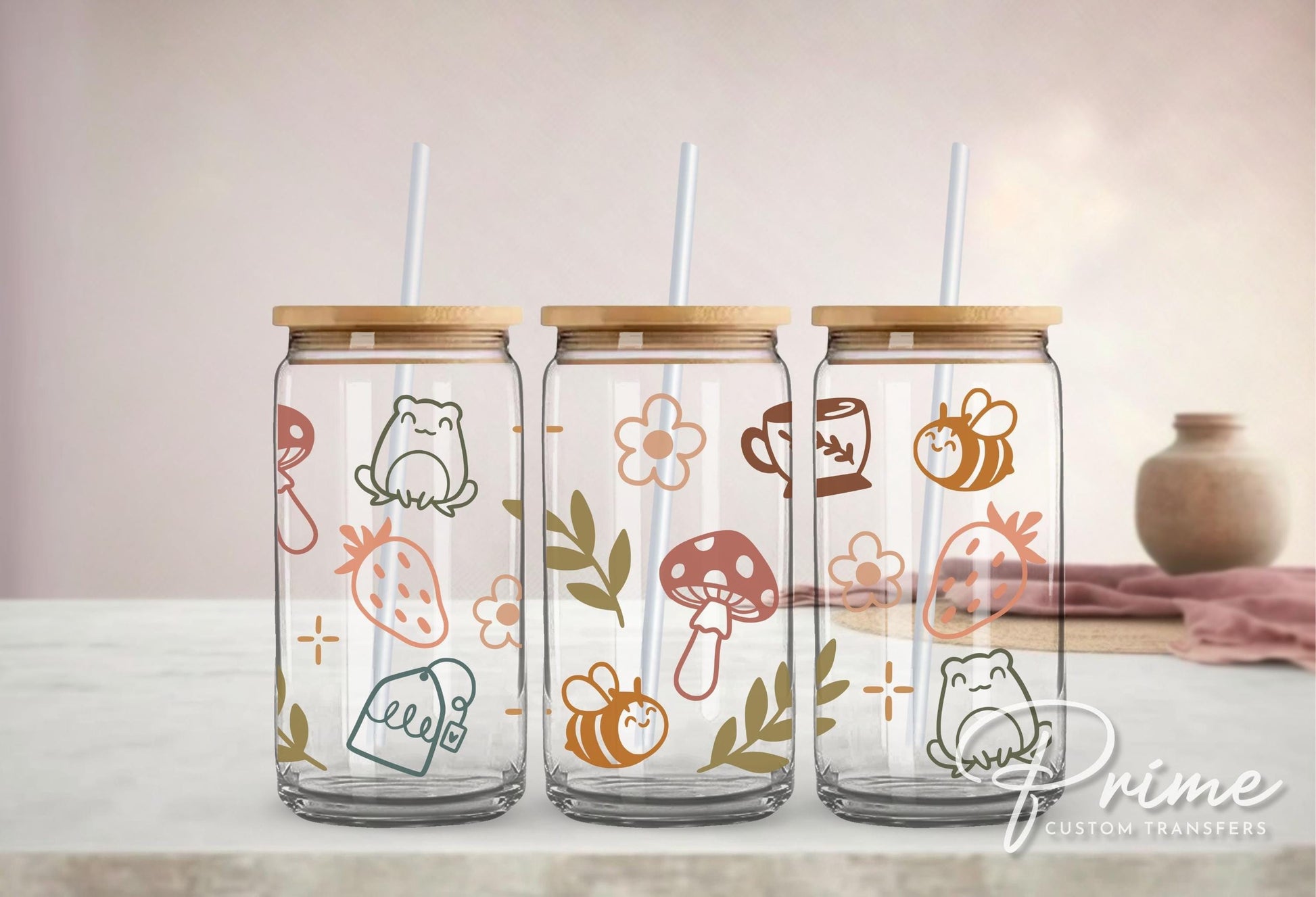 Libbey Cups UV DTF 16oz Libbey Cup Wrap Sticker, Ready To Apply, Direct to Film, Glass Can, Permanent, Autumn, Mushrooms, Woodland Cuties