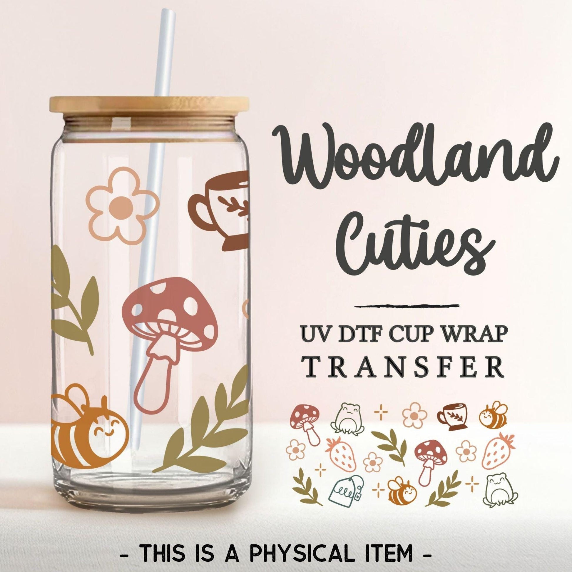 Libbey Cups UV DTF 16oz Libbey Cup Wrap Sticker, Ready To Apply, Direct to Film, Glass Can, Permanent, Autumn, Mushrooms, Woodland Cuties